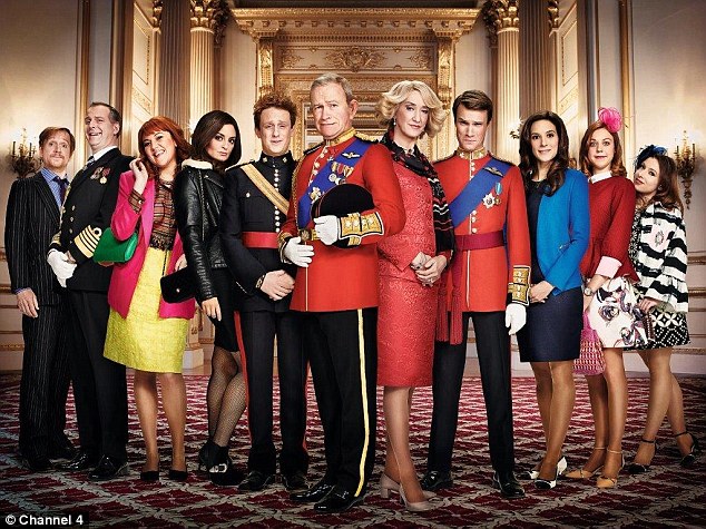 The full cast of the 'soap opera', from left: Prince Edward (Matthew Cottle), Prince Andrew (Tim Wallers), Sarah Ferguson (Katy Wix), Pippa Middleton (Morgana Robinson), Prince Harry (Richard Goulding), Prince Charles (Harry Enfield), Camilla (Haydn Gwynne), Prince William (Hugh Skinner), Kate and Princesses Beatrice (Ellie White) and Eugenie (Celeste Dring)