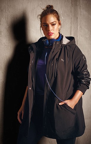 All inclusive: The collection comes in sizes X to 4X, and prices range from $40 for a sports bra to $170 for the brand's grey hooded jacket (pictured)